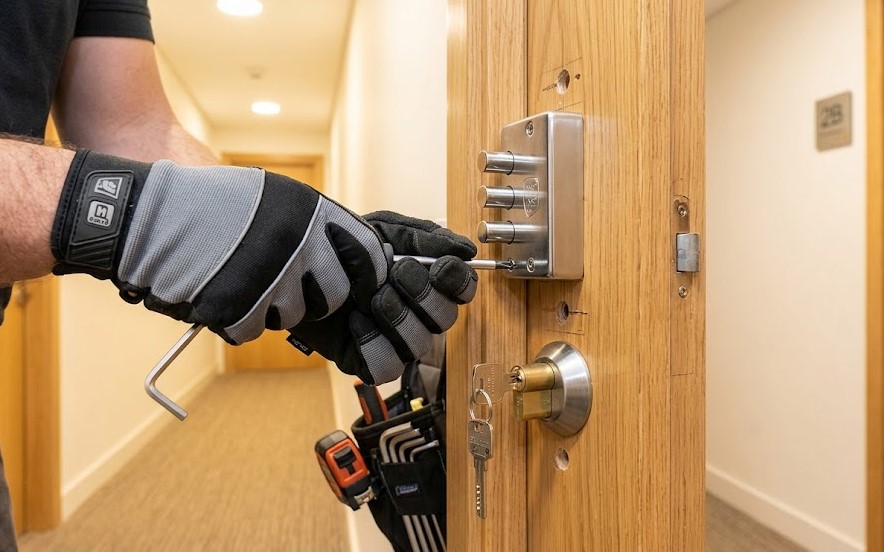Técnico instalando cerradura anti-bumping en un piso del barrio de Rocafonda